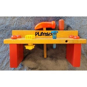 Vintage 1970's Playskool Wooden Workbench Toy Set with Tools‎